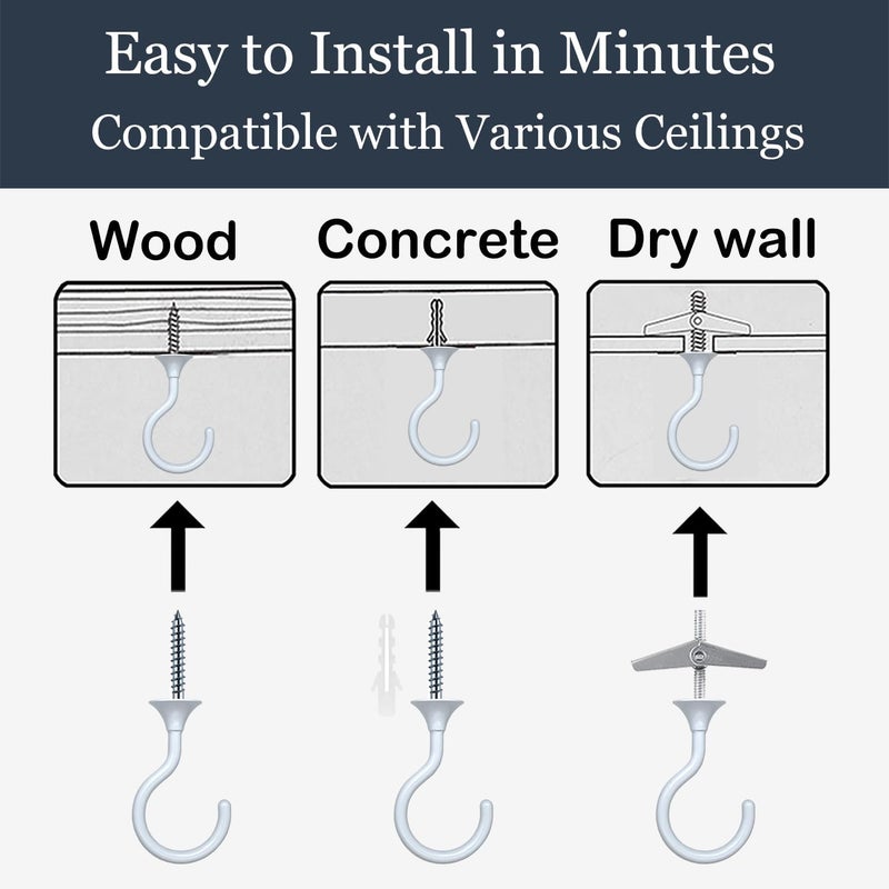 Evsteluo 4 Sets Heavy Duty Swag Ceiling Hooks with Hardware for Hanging Plants, Cavity Wall Fixing, Easy Installation, Holds Up to 30lbs, Ideal for Home & Garden (4 Sets, White) - Image 4